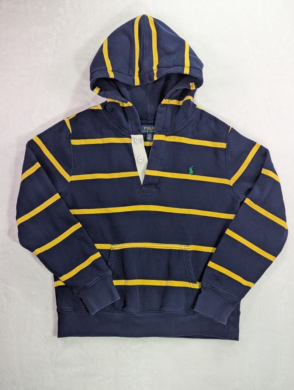Polo Ralph Lauren Boys L 14-16 Navy Striped Pullover Hoodie Button Sweatshirt
